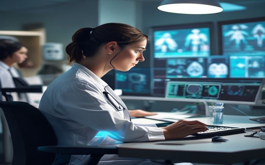 Ilustración de un debate entre médicos y expertos en inteligencia artificial